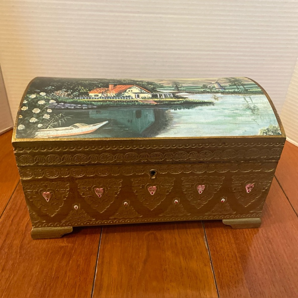 VTG Tislo Japan Hand Painted Wood Musical Jewelry Box 11x6” Works